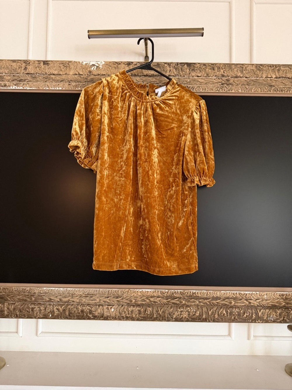 Crushed Velvet Short-Sleeve Blouse in Golden Ochre